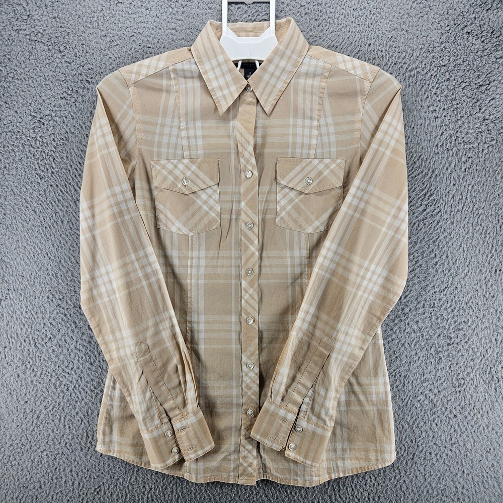 Banana Republic Womens Tan Plaid Cotton Button Down Shirt Pockets Size S
